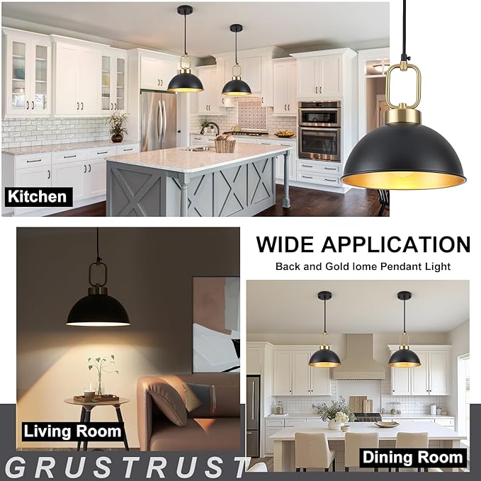 Black Pendant Lights Kitchen Island, 10.2 Inch Dome Black and Gold Pendant Lights, Vintage Metal Industrial modern Farmhouse Pendant Light Fixture Hanging Lights for Dining Room, Cafe, Bar, 2 Pack