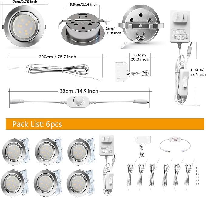 LED Puck Lights Wired Recessed Under Cabinet Lighting Dimmable,Halogen Bulb Retrofit Puck Light Plug in,60mm Cutout,3000k Warm White,12V Kitchen Counter, Book Shelves,Display Case,Curio Lamp,6pcs