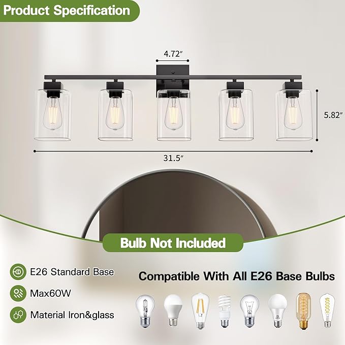 Espird 5 Light Bathroom Vanity Light - Matte Black Bathroom Light Fixtures Square Design & UL Certification, 31 Inch Black Bath Room Lighting Fixtures Over Mirror for Living Room & Bedroom & Restroom
