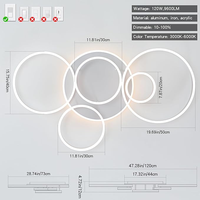 O'NEELDY Modern LED Ceiling Light White Flush Mount Ceiling Lights Fixtures Dimmable 47" Dining Room Light Fixture with Remote 6 Rings Kitchen Lighting Fixtures Ceiling Lamp for Bedroom,Living Room