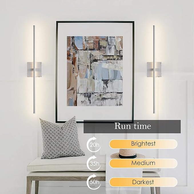 KARTOOSH Battery Operated Wall Sconces with Remote Control, Dimmable Wall Sconces Set of Two, 350°Rotate, 3000K LED Nickel Wireless Wall Light for Living Room, Hallway, Bedroom, 28.3 Inch (2 Pack)