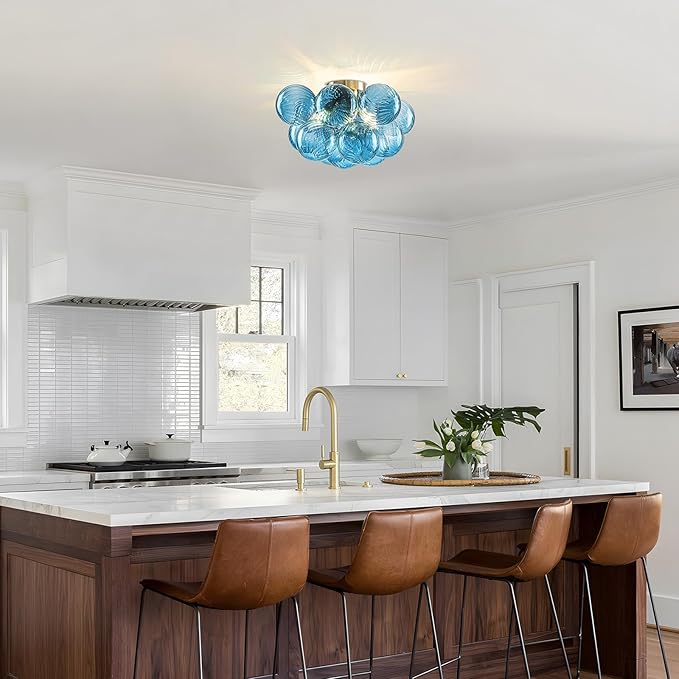 GoYeel Flush Mount Chandelier Gold, Kitchen Lights Ceiling Modern Glass Bubble Light Chandeliers 18.5" with 13 Swirled Blue Globe for Dining Room Bathroom Entryway Bedroom