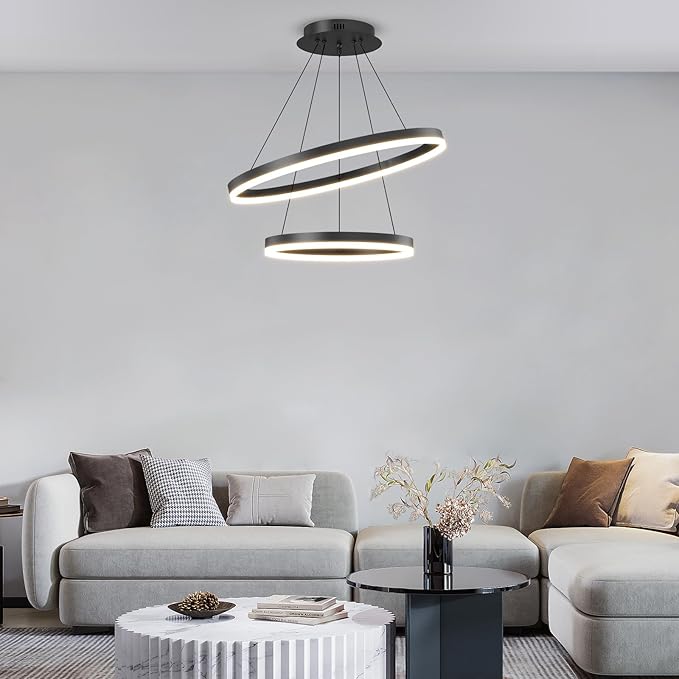 2 Ring Dimmable LED Modern Chandelier, Adjustable Hanging Foyer Pendant Light for Kitchen Island, Living Room, Entryway, 3000K-6500K Black Ceiling Pendant Light Fixture Over Dining Table Lighting