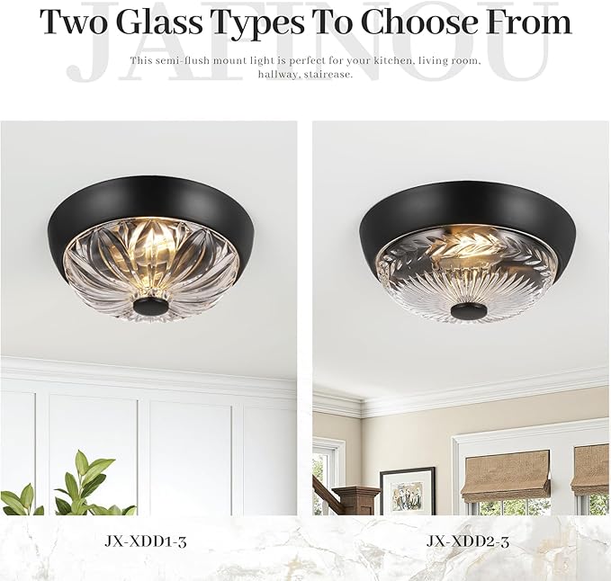 Black Semi Flush Mount Ceiling Light, 2-Light Modern Farmhouse Close to Ceiling Light Fixture, Aluminum Glass Indoor Outdoor Ceiling Lamp for Bedroom Kitchen Hallway
