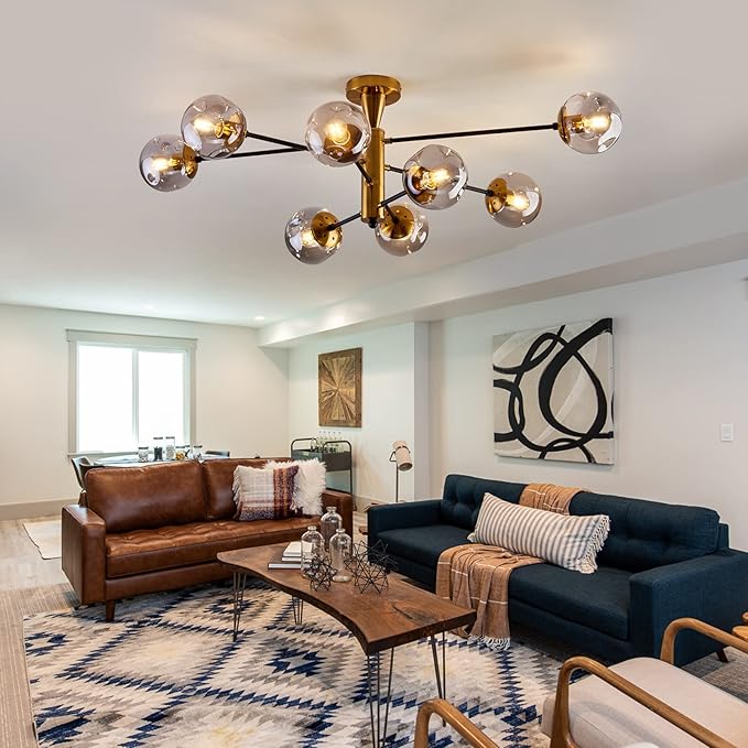hesoge 8 Light Sputnik Semi Flush Mount Ceiling Light Fixture Mid Century Modern Chandelier with Glass Globe Black Gold Ceiling Lighting for Dinning Room Farmhouse Kitchen Bedroom Living Room