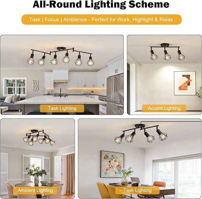 4 Light Plug in Track Light Adjustable Kitchen Track Lighting Fixture Ceiling 19.6tf Long Cord with On/Off Switch Flexible Black Farmhouse Track Lighting