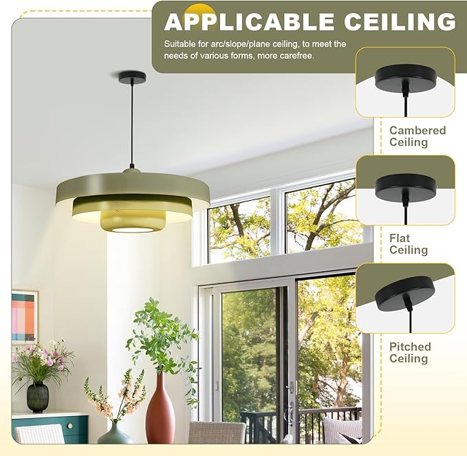 Industrial Farmhouse Pendant Light, 19.7 Inch Olive Green Metal Shade, Vintage Mid-Century Modern Single Hanging Chandelier for Kitchen Island, Dining Table, Bar, Entryway