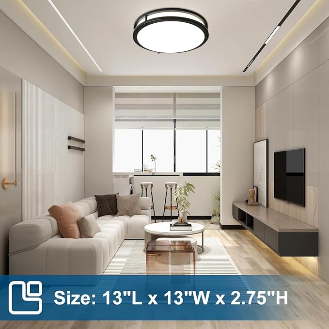 OOWOLF 2-Pack 36W 13inch LED Flush Mount Ceiling Light Fixture Dimmable Matte Black, Easy Install LED Ceiling Lamp Fixture Without Flicker, Super Bright 3600LM 5CCT Warm to White Light 3000K to 6000K