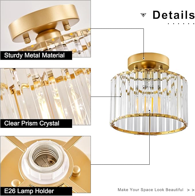 Crystal Gold Semi Flush Mount Ceiling Light, Modern Hallway Light Fixture, Metal Close to Lamp for Bathroom Entryway Bedroom Kitchen(8.66 inch)
