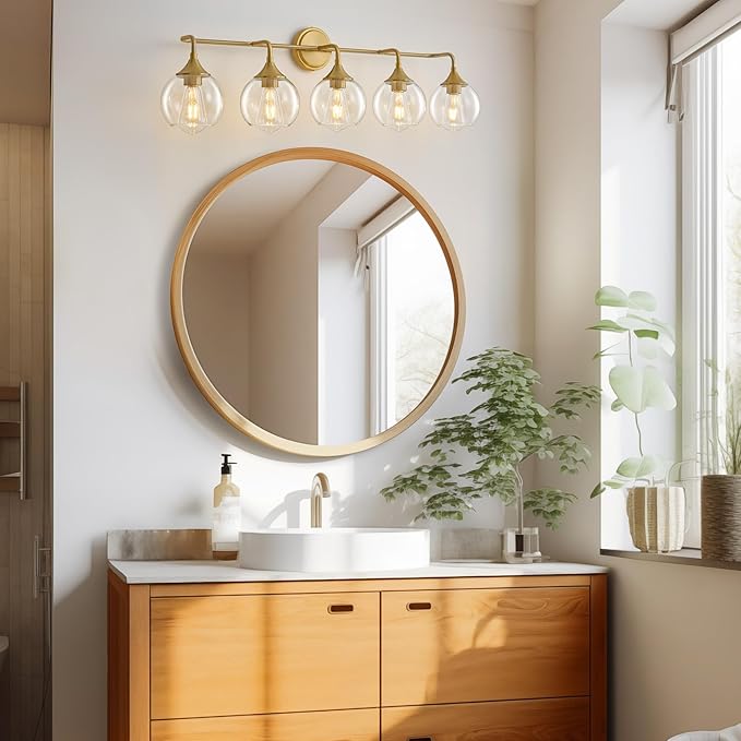 Bathroom Vanity Lights with Clear Glass Shade, E26 Base, Vanity Lighting Fixtures Over Mirror, 39 Inch Vanity Lights for Bathroom (Exclude E26 Bulb) (Gold, 5-Lights)