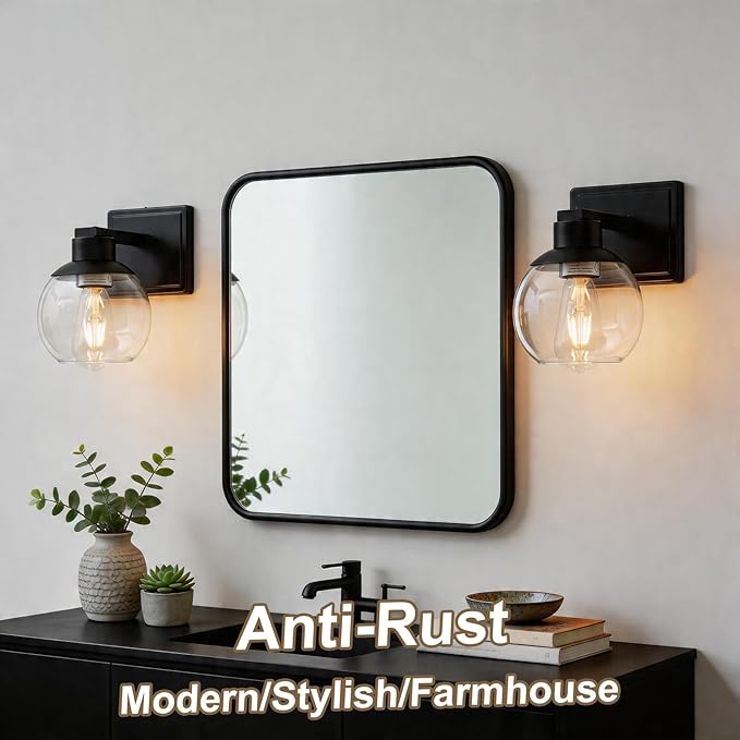 Bathroom Sconces Set of 2, Black Wall Sconces Set of Two, Bathroom Vanity Light with Clear Glass Shade, Modern Wall Light Fixtures for Bath Mirror Hallway Bedroom Living Room, Hardwired, E26 Base