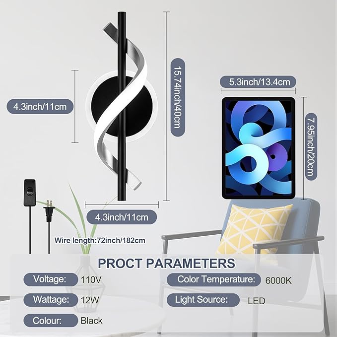 EIDISUNY Plug in Wall Sconces Sets of 2, 12W LED Wall Mount Lights, Modern Spiral Wall Lamp, 6000K Cold Modern Light Fixture for Stairs, Living Room, Bedroom, Aisle, Hallway