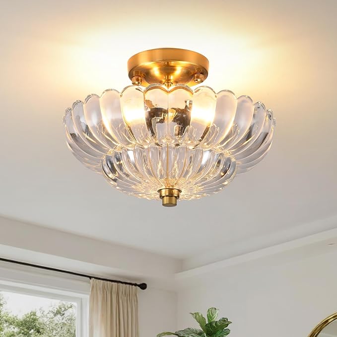 Semi Flush Mount Ceiling Light, 11.8 Inch Gold Vintage Hallway Light Fixture with Transparent Glass, Close to Ceiling Light for Bedroom Kitchen Living Room Bathroom Foyer, E26 Base