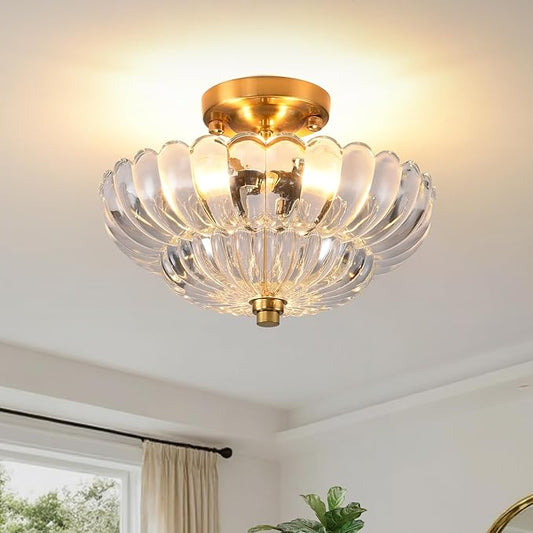Semi Flush Mount Ceiling Light, 11.8 Inch Gold Vintage Hallway Light Fixture with Transparent Glass, Close to Ceiling Light for Bedroom Kitchen Living Room Bathroom Foyer, E26 Base