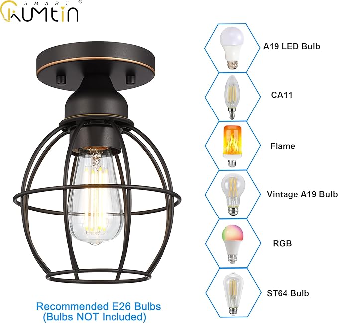 Farmhouse Ceiling Light Fixture, Vintage Semi Flush Mount Ceiling Light, Small Metal Cage Lighting Lamp for Hallway Entryway Kitchen Porch, Oil Rubbed Bronze Finish, 1-Pack