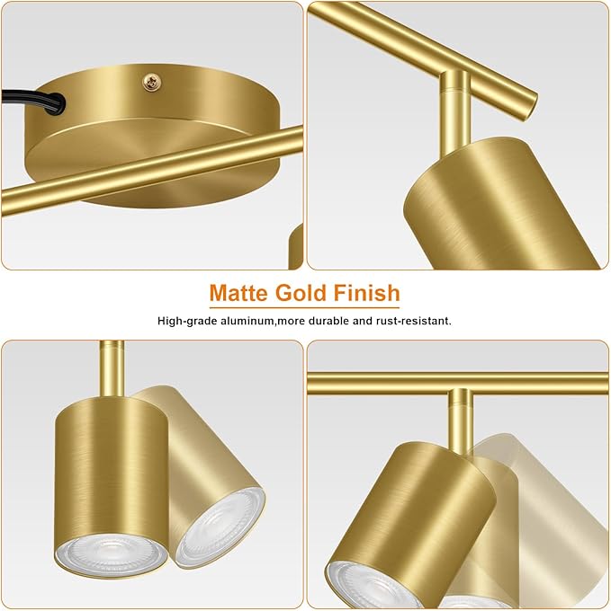 Plug in Track Lighting, LED Track Lighting Fixtures Ceiling, Gold 6-Light Kitchen Light Kit, Plug in Wall Light with 14.8ft Power Cord, Rotatable Ceiling Spotlight for Bedroom(GU10 Socket, NO Bulb)