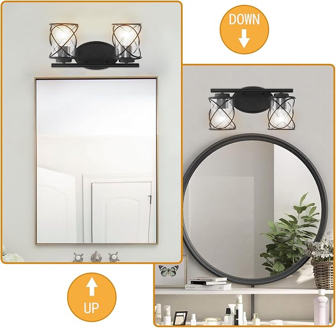 mavcadonf 2-Lights Vanity Lights, Bathroom Light Fixtures Over Mirror, Matte Black Vanity Light, Farmhouse Wall Lights with Clear Glass Shade, Bathroom Wall Lamp for Mirror Kitchen Bedroom
