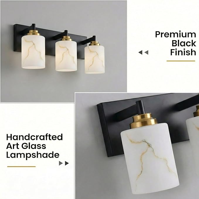 3-Light Bathroom Light Fixture, Black and Gold Modern Vanity Light with White Marble Glass Shade, for Bathroom Mirror, Living Room, Bedroom, Hallway, E26 Base, Extended Base