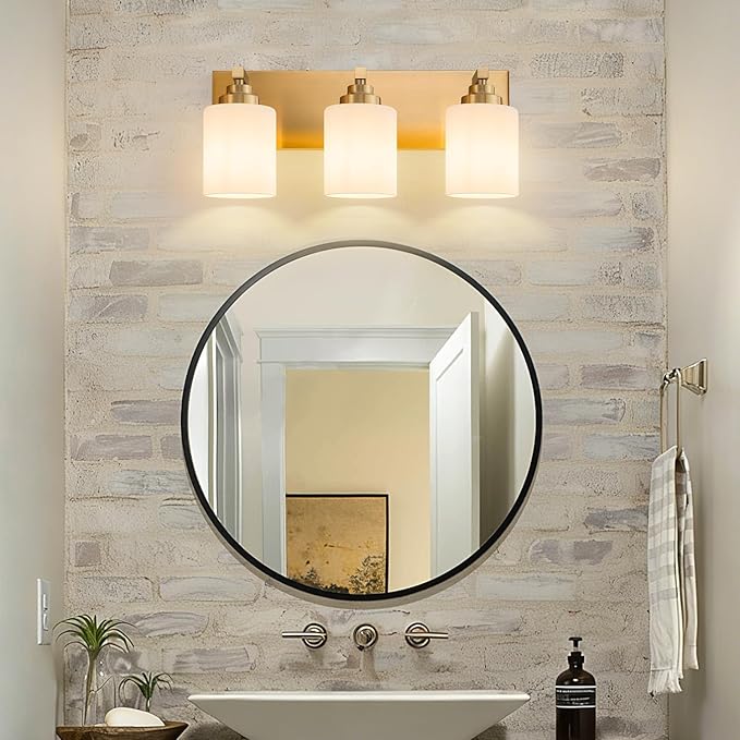 Bathroom Vanity Light Fixture, 3-Light Brushed Gold Bathroom Light Fixtures Over Mirror with Milky White Glass Shades, Modern Vanity Lights for Bathroom Living Room Hallway (Bulbs Not Included)