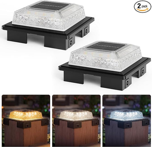 APONUO Solar Post Cap Lights, 3 Color Modes & 2 Brightness, Adjustable Base Fits 4x4 5x5 6x6 Posts (3.5-5.5 Inch), IP65 Waterproof, Deck & Fence Post Lights Solar Powered with Screws, Black, 2 Pack