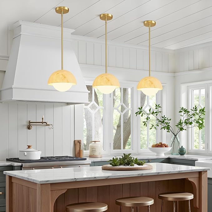 Modern Pendant Light Fixtures: 10 Inch Resin Shade Mid Century Chandelier with Milk Glass Globe - Adjustable Gold Pendant Lighting for Kitchen Island 3 Packs