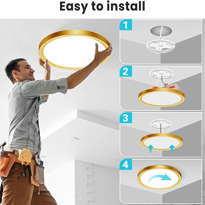 libtit 16Inch Flush Mount LED Ceiling Light Fixture, 3000K 4000K 6500K Adjustable, 36W 3600lm Gold Satin Round Ceiling Lamp for Bathroom Shower Hallway Kitchen, 2 Pack