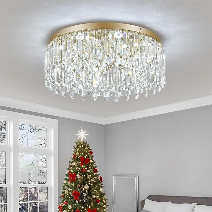 Deckrico 19.7" Gold Crystal Chandelier, Modern Flush Mount Ceiling Light Fixture Luxury Tri-Color LED Lighting for Living Room Dining Room Bedroom