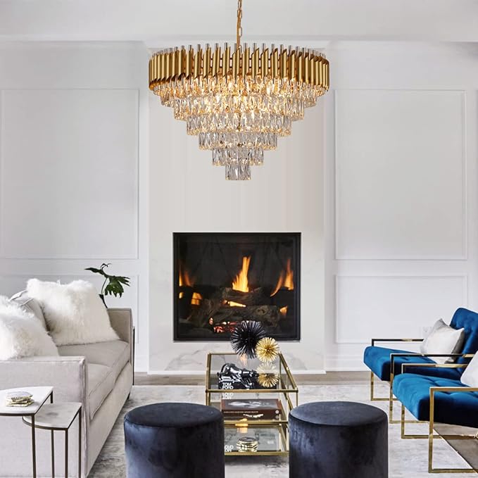 AXILIXI Gold Crystal Chandelier, Modern 30" Round Chandeliers for Dining Room K9 6-Tier Extra Large Ceiling Pendant Light Fixtures Golden Luxury Chandelier for Foyer Living Room Staircase