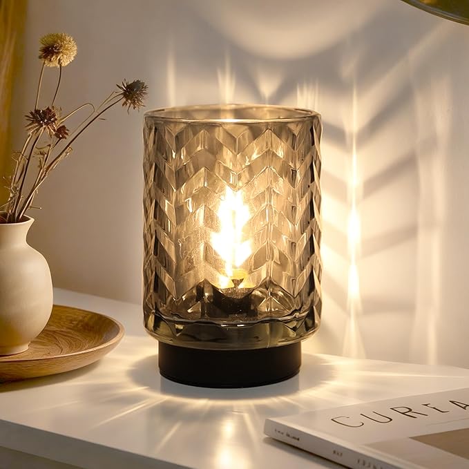 LUSHARBOR Battery Operated Lamp with Timer, Small Table Lamp for Office Desk Decor, Glass Cordless Lamp Bedside Cozy Light for Living Room Aesthetic, Entryway Wave Design-Grey