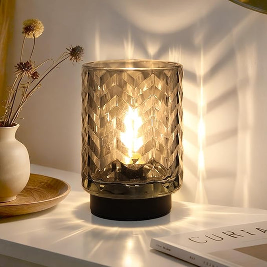 LUSHARBOR Battery Operated Lamp with Timer, Small Table Lamp for Office Desk Decor, Glass Cordless Lamp Bedside Cozy Light for Living Room Aesthetic, Entryway Wave Design-Grey
