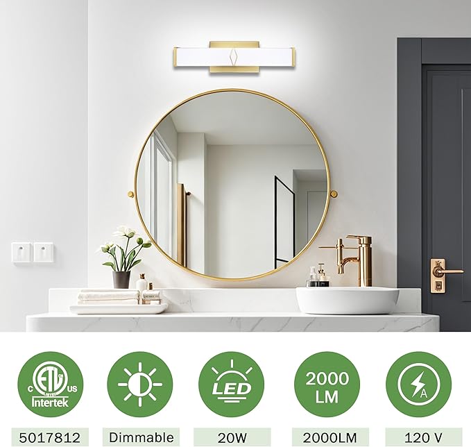 16 Inch Bathroom Vanity Light 2000LM, 5700K Daylight White Modern Bathroom Light Dimmable, AC 120V 20W Gold LED Vanity Lighting Fixtures Wall Sconce ETL Certified, 2Pack