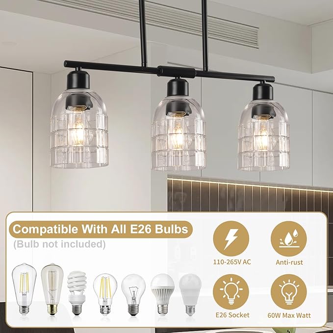 FRIXCHUR Black Kitchen Island Lighting, 3-Light Linear Chandelier with Clear Glass Shades, Modern Pendant Light for Dining Room & Kitchen, Adjustable Height, E26 Bulb Compatible, Metal in Black