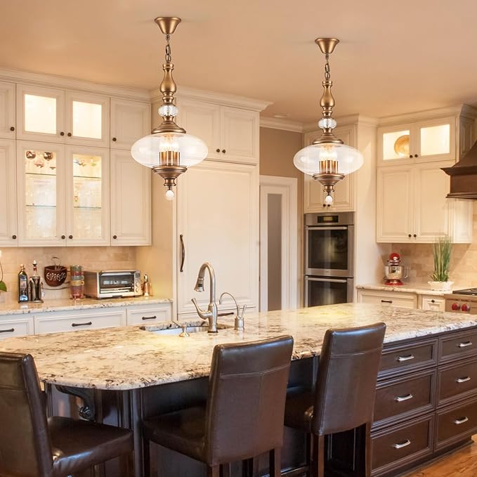 Vintage Kitchen Island Pendant Light Antique Brushed Brass Glass Pendant Light W 11.8 in. H 23.6 in. Chandelier for Living Room Dining Room Bedroom