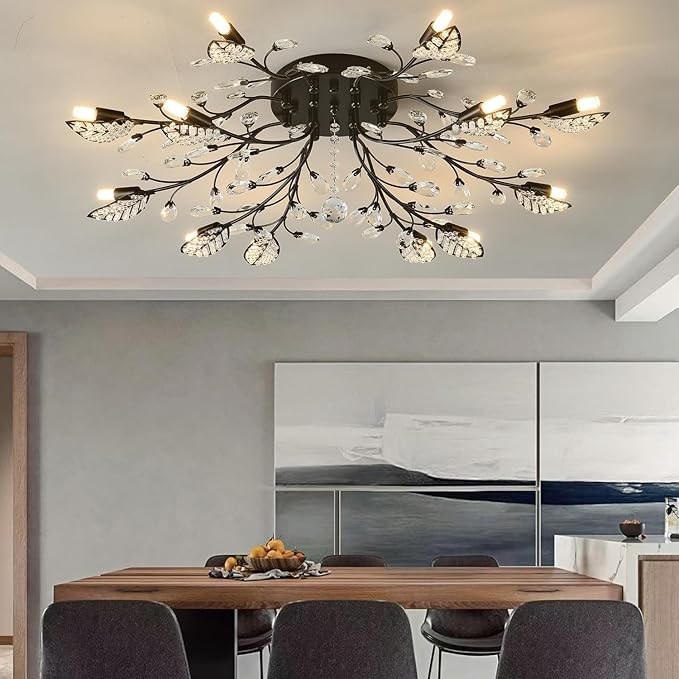 Modern Crystal Ceiling Light Fixture,Semi Flush Mount Chandeliers,Crystal Leaf Ceiling Light, Chandeliers for Dining Room,Living Room,Bedroom