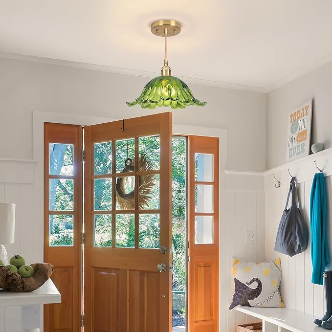 Battery Operated Pendant Light,Green Chandelier 2500mAh RGB Light Bulb 11in Vintage Light Fixtures with Remote Control Wireless Adjustable Rechargeable Chandelier for Kitchen Island Hallway 2pack