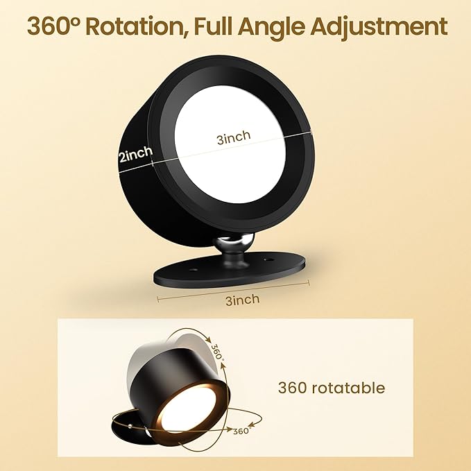 LED Wall Mounted Lamps, Battery Operated Rechargeable Wall Lights, 3CCT & Dimmable, 360°Rotation with Magnetic Ball, Cordless Wall Sconces for Picture Bedside Bedroom Reading, Black-2 Pack