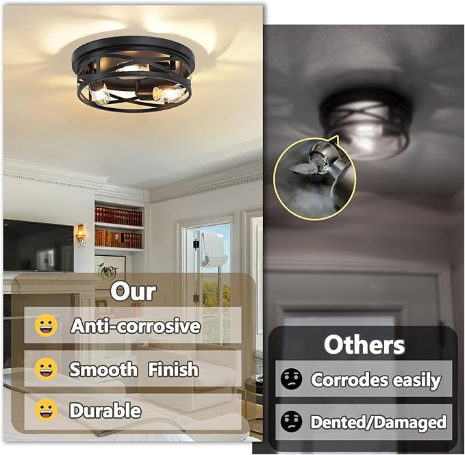 13-Inch Farmhouse Ceiling Light Fixture, 3-Light Flush Mount Light Fixture, Kitchen Lighting Fixtures Ceiling with Adjustable Head, Black Light Fixture for Bedroom Hallway Kitchen Entryway (1-Pack)