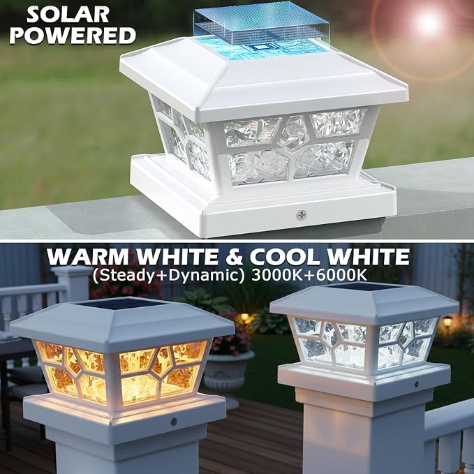 SIEDiNLAR Solar Post Lights Outdoor 10 Pack 4 Modes 40 LEDs Deck Fence Post Cap Light for 4x4 5x5 6x6 Vinyl/Wooden Posts Patio Decor, Warm/White Dynamic Lighting (White)