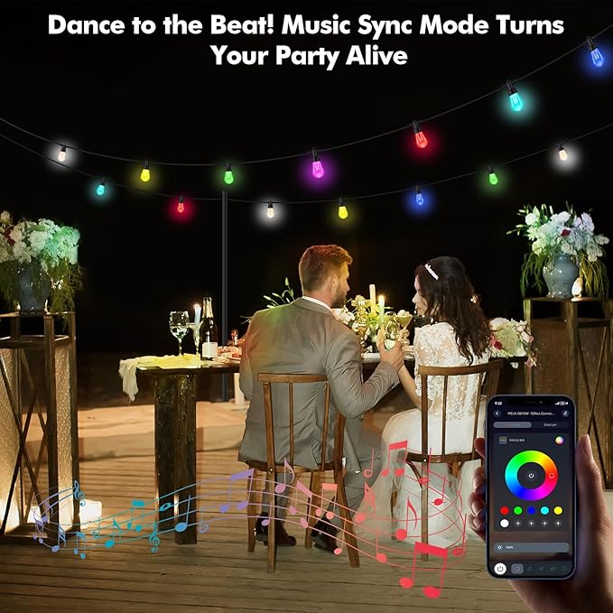 Outdoor String Lights Waterproof Patio Lights 104FT (2x52FT) 40 RGBW Dimmable LED Bulbs, APP & Remote Control, Shatterproof Hanging Color Changing Lights for Outside Backyard Party Porch Balcony