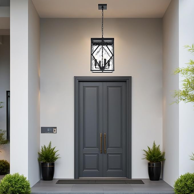 Outdoor Pendant Light with Water Ripple Glass, 4-Light Exterior Hanging Porch Light, Large Lantern Pendant Light, Waterproof Black Outside Chandelier for House Front Door Patio Entrance