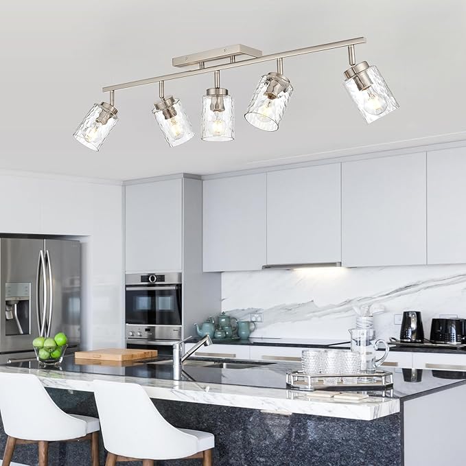 5-Light Industrial Bathroom Vanity Lights, Brushed Nickel Track Lighting Wall Mount or Ceiling Rotatable Track Head Metal Vanity Lighting Fixtures for Bathroom Hallway, Clear Hammered Shade