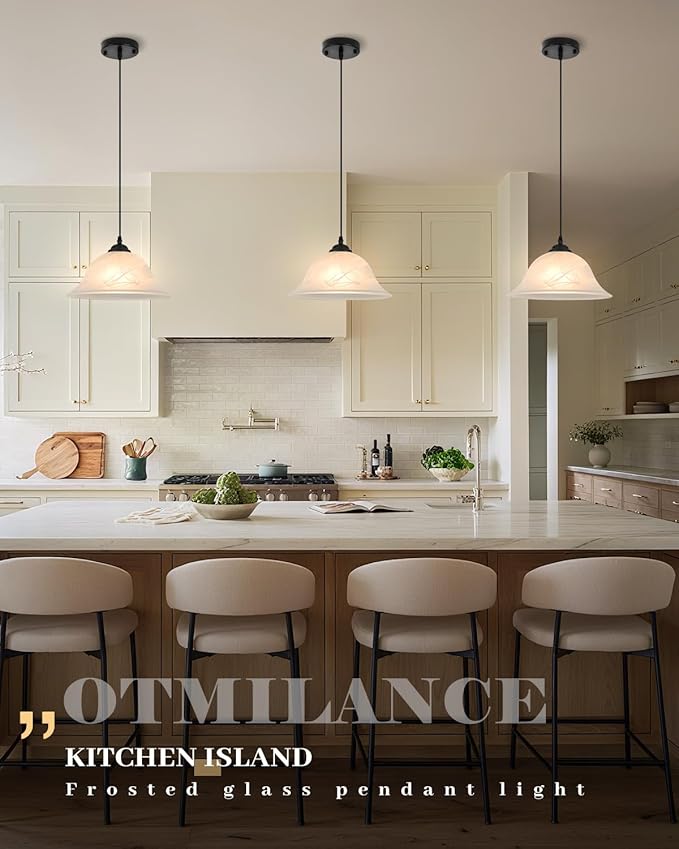 Black Pendant Lights Kitchen Island 2 Pack, 11.8 Inch White Glass Pendant Light with Frosted, Alabaster Island Pendant Lights, Vintage Farmhouse Pendant Lights for Dining Room, Bar, Cafe
