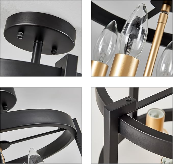 MEIXISUE 4-Light Semi Ceiling Light Flush Mount BK+GD Farmhouse Rustic Vintage Antique Ceiling Light Fixture for Hallway Entryway Gazebo Kitchen Dining Room Bedroom UL Listed