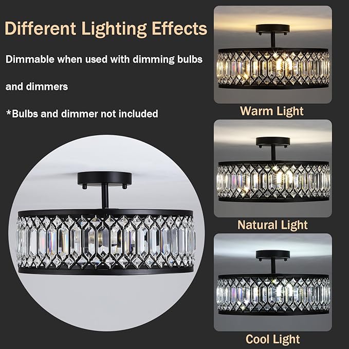16" Black Crystal Ceiling Light, 3-Light Modern Semi Flush Mount Ceiling Light Fixture, Round Crystal Chandelier for Dining Room Bedroom Living Room Kitchen Hallway, E26 Sockets