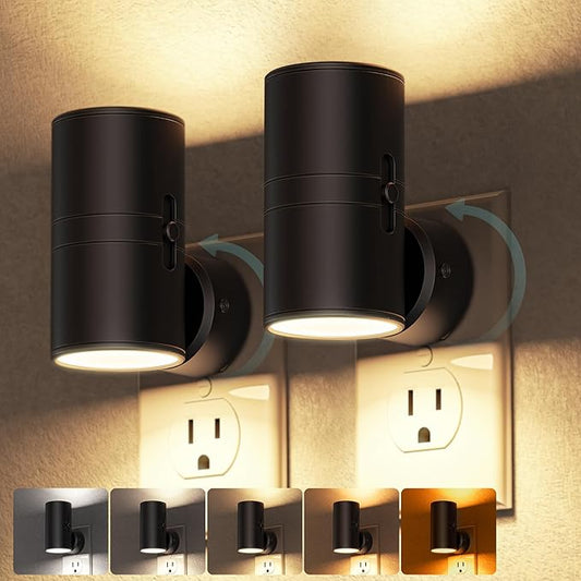 Briignite Night Lights Plug into Wall, 5CCT LED Night Light Plug in, Dusk to Dawn Sensor, 330° Swivel Plug, 0-100LM Adjustable Brightness, Dimmable NightLight for Hallway, Bedroom, Stairway, 2 Pack