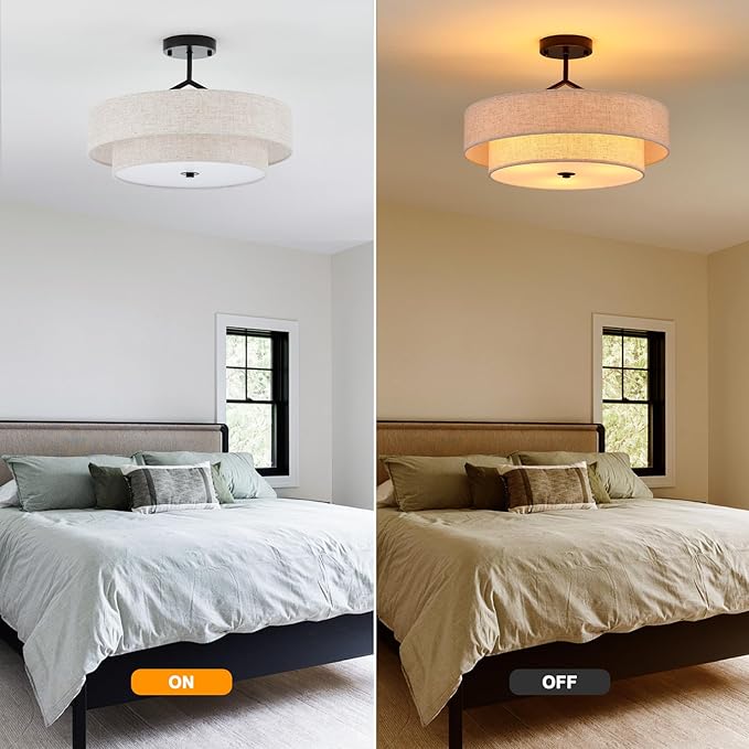Semi Flush Mount Ceiling Light, 18" Black Drum Ceiling Light Fixture, 3-Light with 2-Tier Beige Linen Fabric Shade, Modern Farmhouse Close to Ceiling Light for Bedroom, Kitchen, Entryway