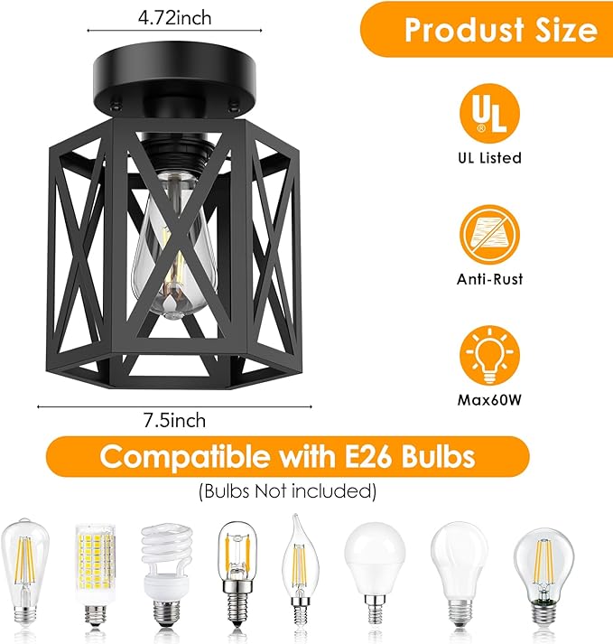 2 Pack Modern Semi Flush Mount Ceiling Light,Hexagon Flush Mount Ceiling Lights for Dining Room Light Fixture,Farmhouse Black Metal Kitchen Island Lighting Fixtures for Hallway,Bathroom