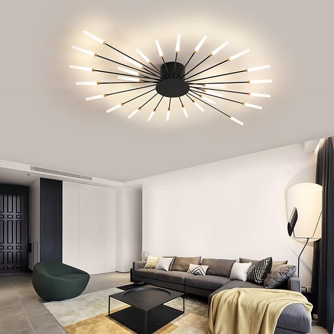 JAYMP 41.3" Ceiling Light Modern Flower Shape Ceiling Lamp for Dining Room Kitchen Hallway Flush Mount Metal Acrylic Sputnik Firework Petal LED Lighting Fixture (Matte Black, 28 Lights)