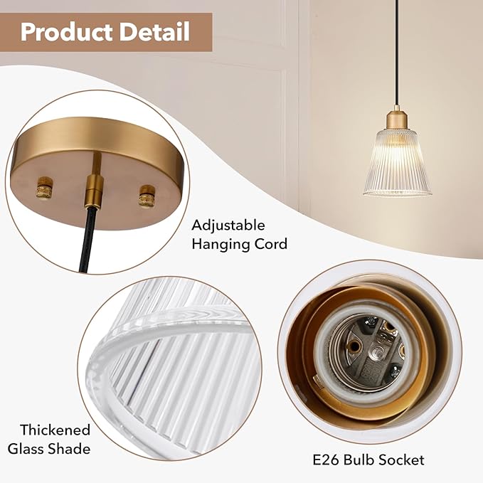 Pendant Light Kitchen Island, Modern Pendant Light Fixture with 5.8mm Thick Glass Shade, Adjustable Gold Hanging Light Fixture for Kitchen Sink, Dining Room, Entryway, 1 Pack