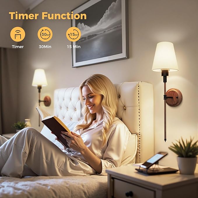 DORESshop Battery Operated Wall Sconce Set of 2, Wireless Wall Light Easy to Install, 7 Color Rechargeable Wall Sconces, Sconce Wall Decor Set of 2 for Bedroom, Living Room, Black and Wood, 24.6in